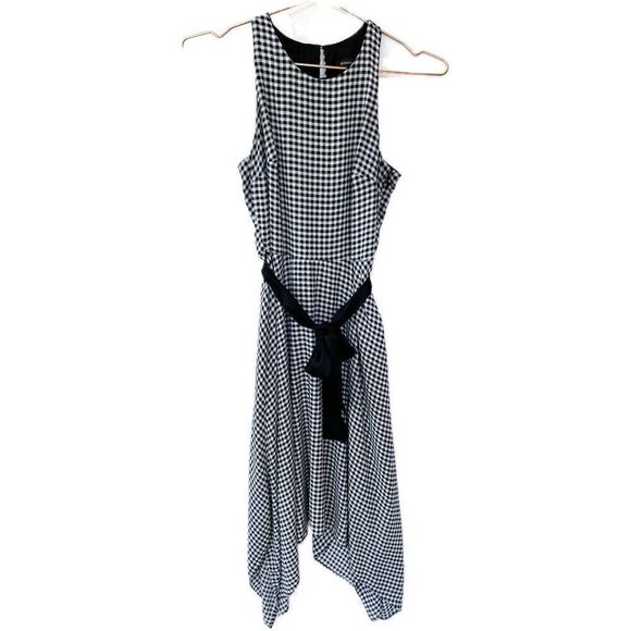 Banana Republic Black White Gingham Plaid Belted Keyhole Back Midi Dress 00 - Picture 1 of 8